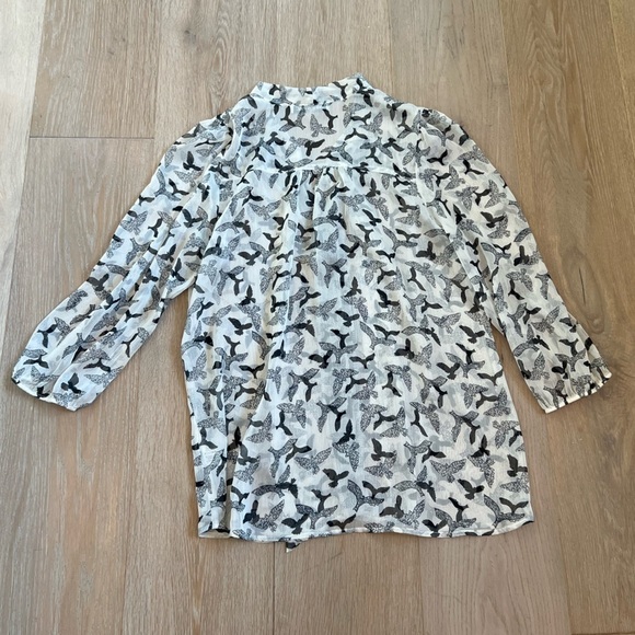 Sheer Bird Print Blouse Button Up with Tie Neck Long Sleeve - Picture 5 of 10